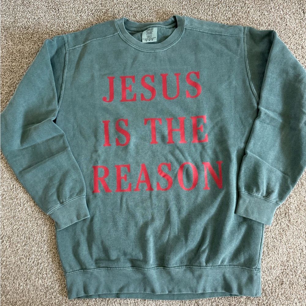 Comfort Colors Crewneck Green Sweater with Bold Red Text